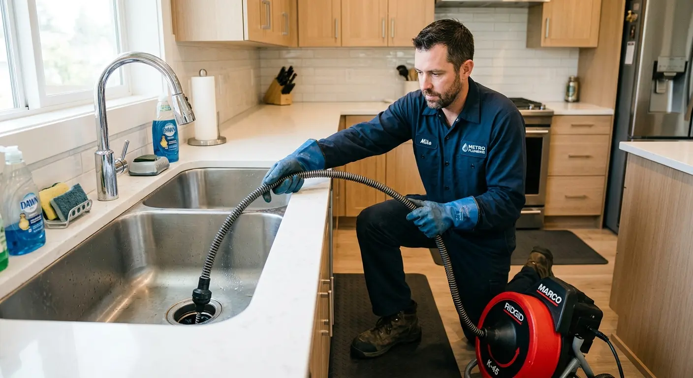 Drain cleaning technician using a motorized snake on a kitchen sink in Monitor
