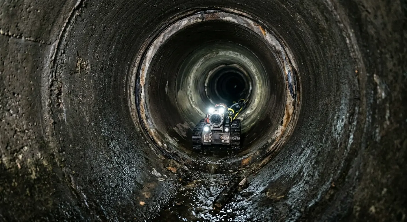 Robotic sewer camera inspecting pipe interior for Sewer Line Cleaning in Monitor