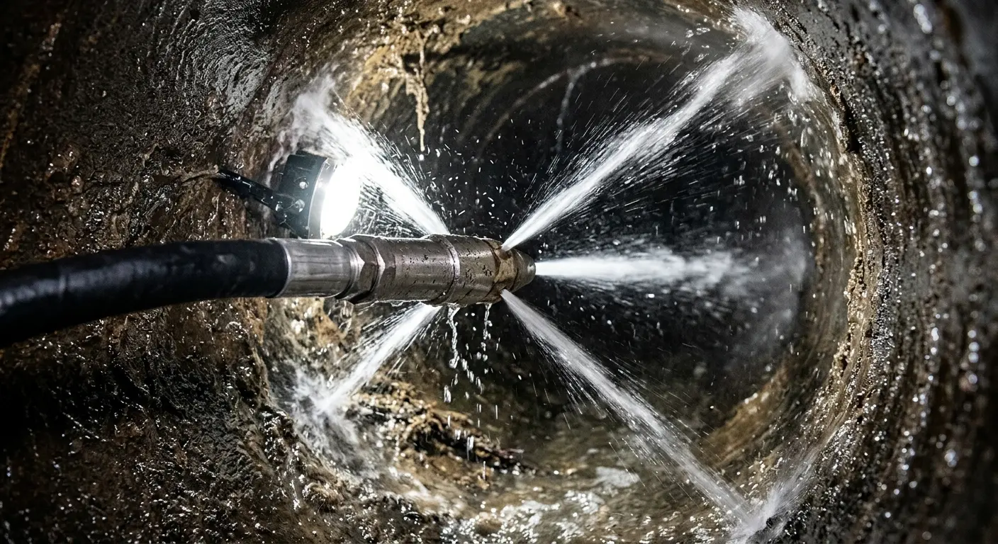 High-pressure hydro jetting nozzle cleaning sewer pipe for Trenchless Sewer Repair in Monitor