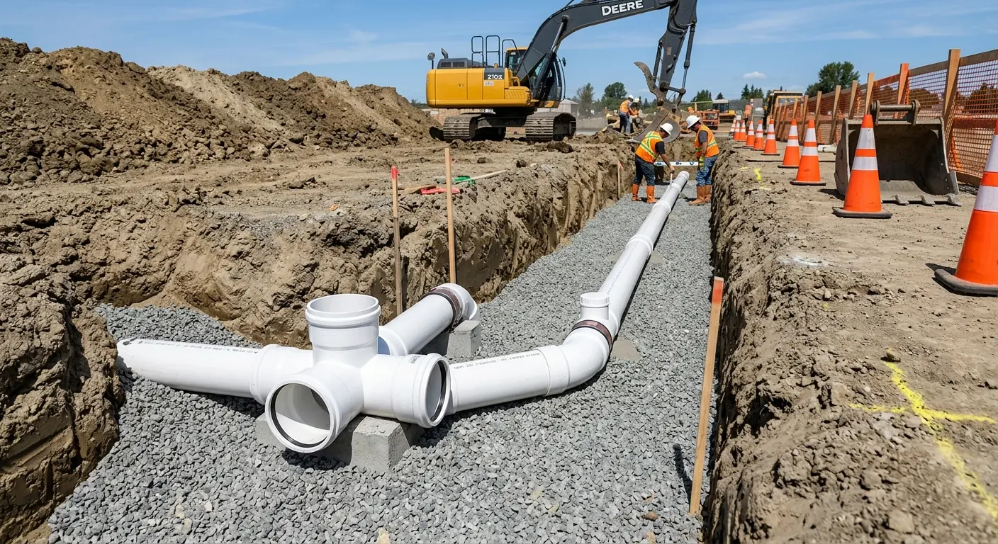 New PVC sewer pipe installation in open trench for Sewer Backup in Monitor