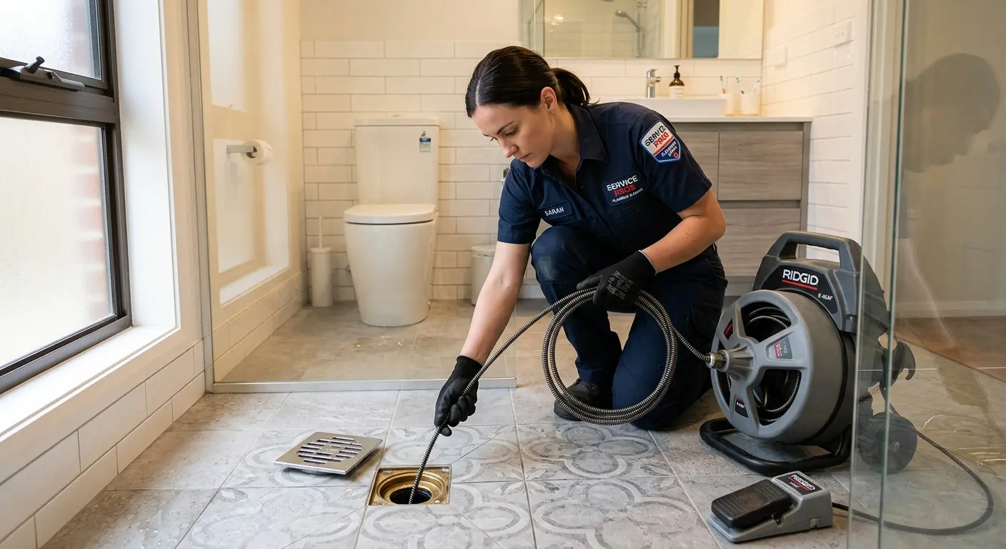 Technician clearing a bathroom floor drain for Drain Cleaning in Monitor